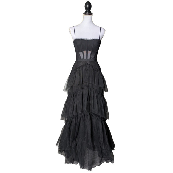 BCBGMAXAZRIA Oly Black Corset Tulle Tiered Ruffle Gown Dress Size 2 Prom Revolve - Picture 1 of 12